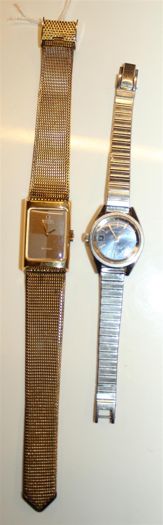 Ladies Omega De Ville automatic wristwatch with chequered dial and another wristwatch